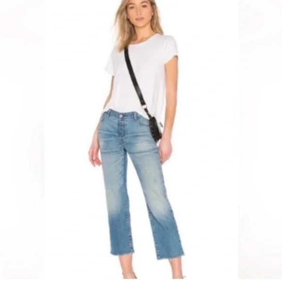 NILI LOTAN sz 27 Boyfriend Jeans in Venice Wash Blue Raw Hem Crop Mid Rise - Picture 2 of 13